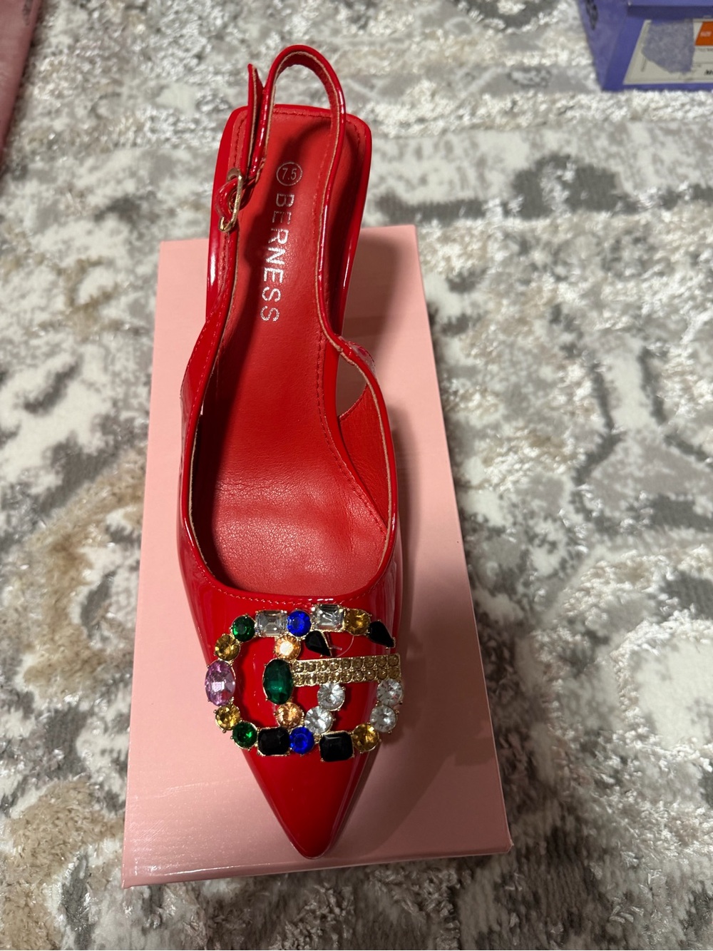 Red Patent Slingback Pointed Toe Heel with Jeweled Buckle